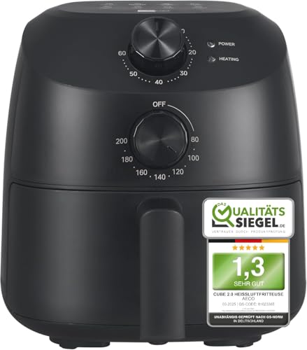 aeco Cube 2.0 Mini Airfryer – Kompakte Heißluftfritteuse, 2 Liter, BPA-frei, 60 Min. Timer, Antihaft, 80% weniger Öl, energieeffizient, Automatische Abschaltfunktion von aeco