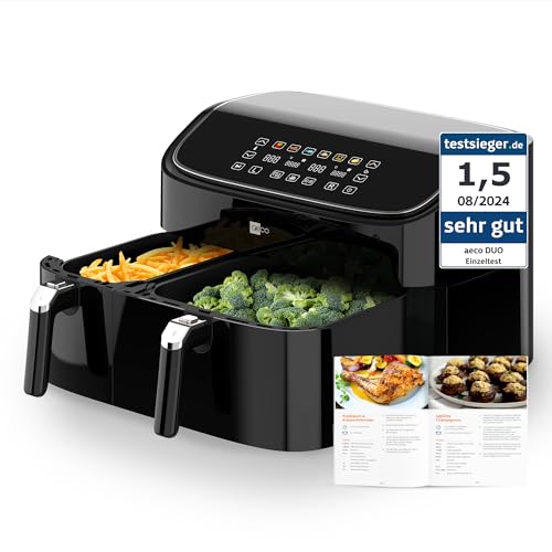 aeco DUO Doppelkammer AirFryer 9 Liter (3l & 6l, Sync-Funktion, Heißluftfritteuse mit digitalem Touch-Display & Dehydrierungsfunktion, 2850 Watt, 80°-200° einstellbar, 6 Programme, inkl. Rezeptheft) von aeco