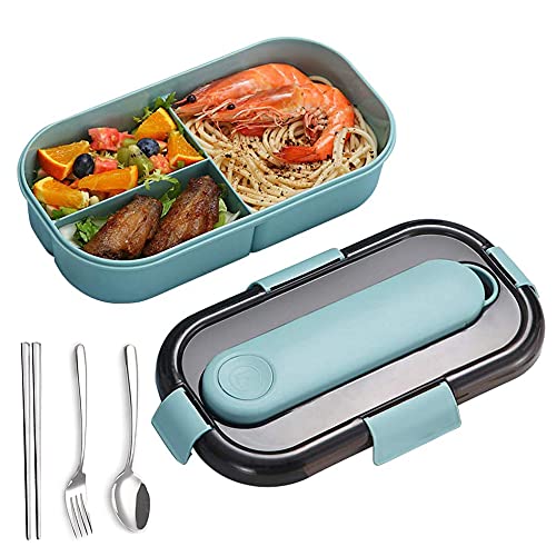 afdg Lunchbox, Brotdose mit Besteck, Brotdose aus Kunststoff, Brotdose Lunch Box Kinder, Bento Box Mit 3 Fächern, für Mikrowellen und Spülmaschinen, Schule Arbeit Picknick Reisen, kein Fremdgeruch von afdg