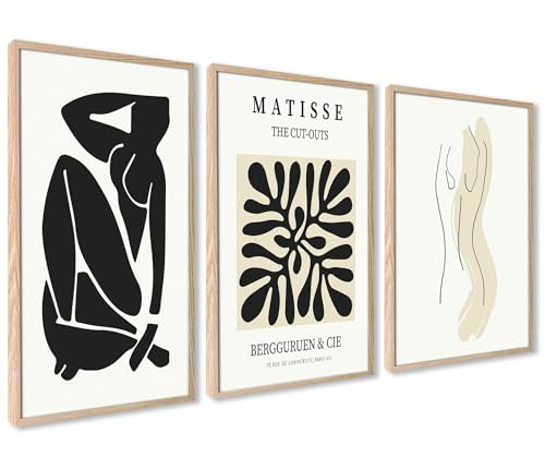 Abstrakte Matisse Wandkunst Poster Set | 3 Stück 30x40cm mit Rahmen holz | Schwarz Beige Frauen Kunst Boho von ag.art deco