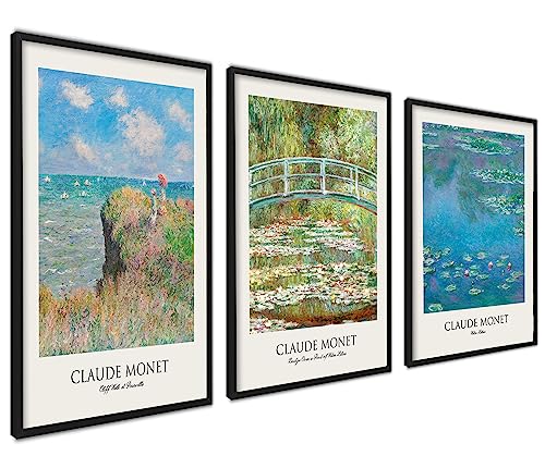 Claude Monet Poster Set | 3 Stück DIN A3 30x40cm mit Rahmen schwarz | Botanische Wasserlilien Paintings Wanddeko Wall Art. von ag.art deco