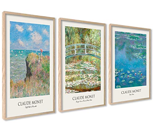 Claude Monet Poster Set | 3 Stück DIN A4 21x30cm mit Rahmen Holz | Botanische Wasserlilien Paintings Wanddeko Wall Art. von ag.art deco
