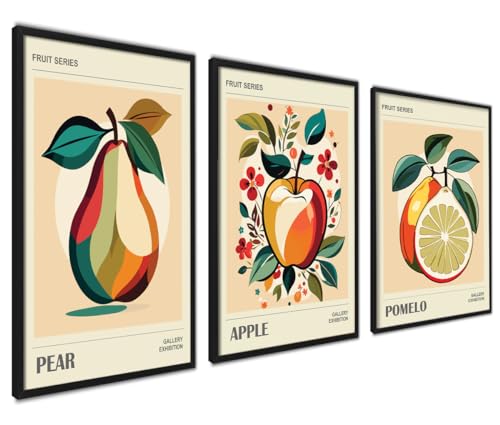 Fruit Vintage Poster Set | 3 x 30x40cm MIT RAHMEN SCHWARZ | Küche Restaurant Esszimmer Wall Art Pomelo Apfel Orange Botanical Wanddeko von ag.art deco