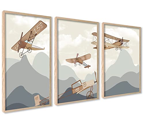 Kinder Poster Set | 3 Stück 30x40cm MIT HOLZ RAHMEN | Flugzeug auf den Bergen Poster für Kinder | Babyzimmer Kinderzimmer Wanddeko Kinder Poster Set | 3 Stück 30x40cm MIT HOLZ RAHMEN | Flugzeug auf den Bergen Poster für Kinder | Babyzimmer Kinderzimmer Wanddeko von ag.art deco