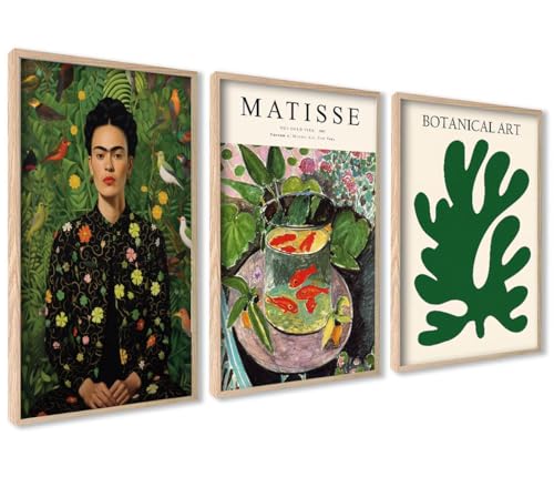 Moderne Poster Set | 3 Stück 30x40cm mit Holz Rahmen | Matisse Frida Botanik Grün Poster Collagen mit passenden Bilder als Wanddeko von ag.art deco
