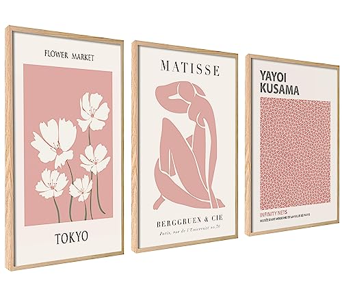 Moderne Poster Set | 3 Stück 40x50cm Mit Rahmen Holz | Stilvolle Matisse Kusama Pastell Rosa Collagen mit passenden Bilder als Wanddeko von ag.art deco