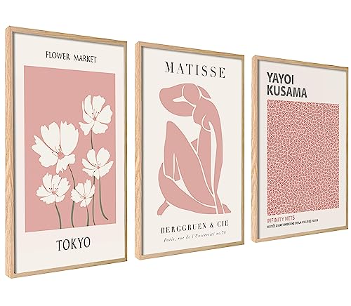 Moderne Poster Set | 3 Stück DIN A3 30x40cm | Stilvolle Matisse Kusama Pastell Rosa Collagen mit passenden Bilder als Wanddeko | ohne Rahmen von ag.art deco