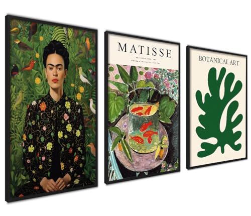 Moderne Poster Set | 3 Stück DINA4 21x30cm mit Schwarz Rahmen | Matisse Frida Botanik Grün Poster Collagen mit passenden Bilder als Wanddeko von ag.art deco
