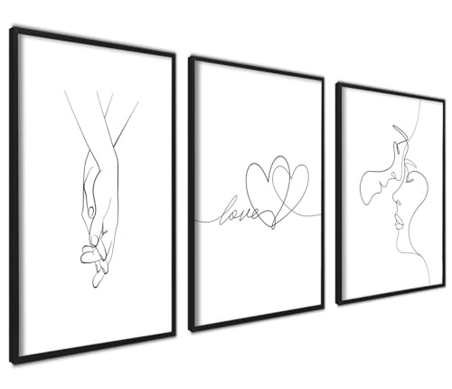 Poster Set Line Art Liebe | 3 Stück 40x50cm MIT RAHMEN schwarz | Küssen Hand in Hand Schwarz Weiß Sprüche Zitate Bilder Wanddeko von ag.art deco