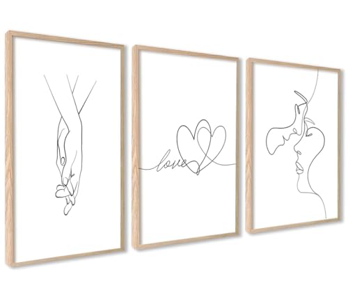 Poster Set Line Art Liebe | 3 Stück 50x70cm MIT RAHMEN HOLZ | Küssen Hand in Hand Schwarz Weiß Sprüche Zitate Bilder Wanddeko von ag.art deco