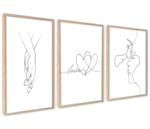 Poster Set Line Art Liebe | 3 Stück DIN A4 MIT RAHMEN HOLZ | Küssen Hand in Hand Schwarz Weiß Sprüche Zitate Bilder Wanddeko von ag.art deco