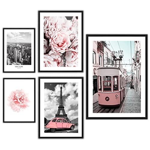ag.art deco Premium Rose Paris Lisboa Poster Set | 5 Moderne Wandbilder | Rosa Straßenbahn | Grau Pastellrosa | Teenager Zimmer Mädchen | 40x50/30x40/21x30cm ohne Rahmen von ag.art deco