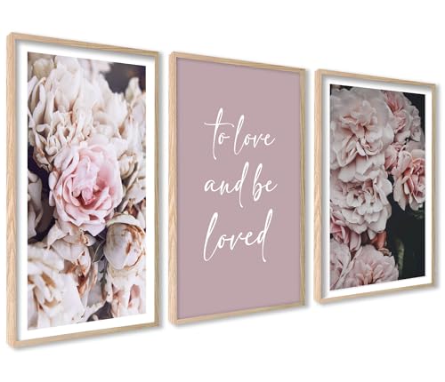 Rosa Blumen Poster Set | 3 Stück 30x40cm mit RAHMEN holz | Kunstdrucke Schöne Liebe Pastell Bilder Collagen mit passenden Bilder als Wanddeko von ag.art deco