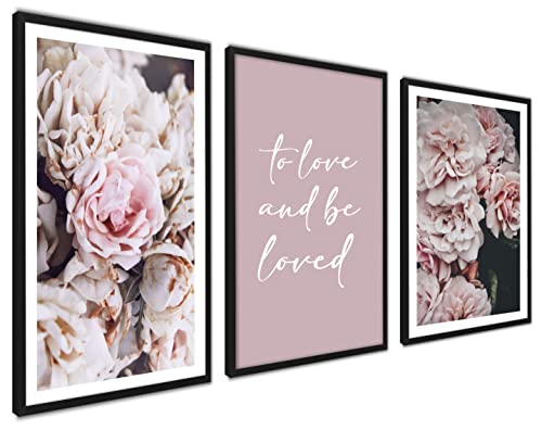 Rosa Blumen Poster Set | 3 Stück 60x80cm | Schöne Liebe Pastell Bilder Collagen mit passenden Bilder als Wanddeko | ohne Rahmen von ag.art deco