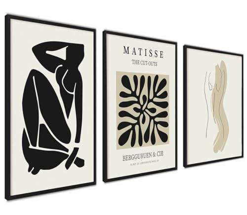 Schwarz Beige Matisse Poster Set | 3 Stück 50x70cm mit Rahmen schwarz | Abstrakte Wandkunst Frauen Kunst Boho von ag.art deco