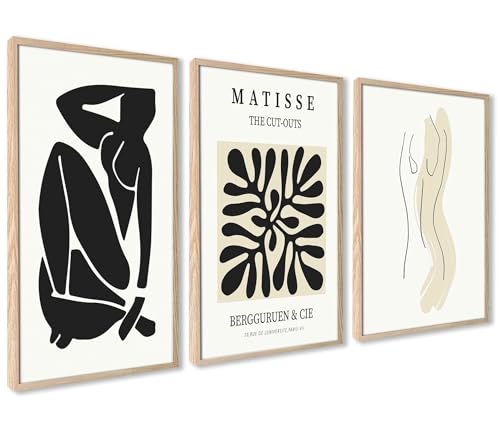 Schwarz Beige Matisse Poster Set | 3 Stück DIN A4 21x30cm mit Rahmen schwarz | Abstrakte Wandkunst Frauen Kunst Boho von ag.art deco