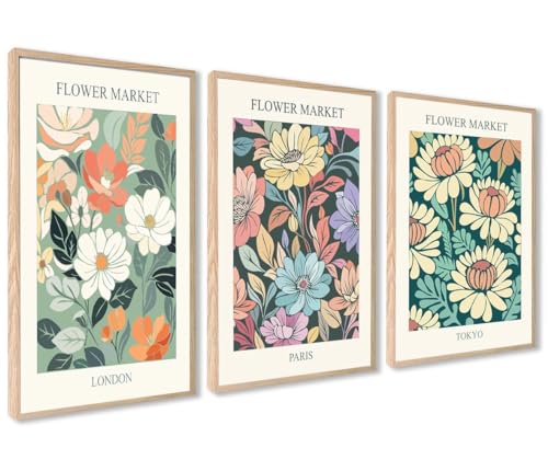 Stilvolles Blumen Bilder Set | 3 Stück 40x50cm mit RAHMEN HOLZ | Flower Market Vintage Poster Kunstdruck | Wohnzimmer Wall Art von ag.art deco