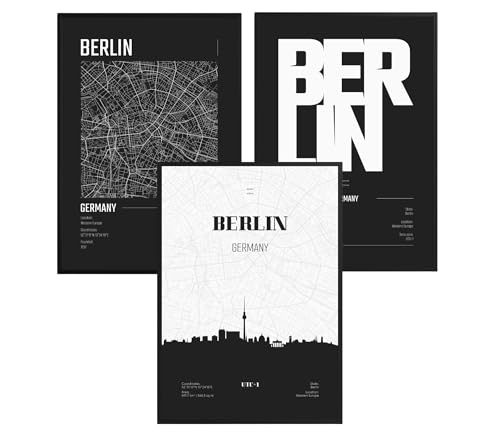 ag.art deco® Berlin Schwarzweiß Poster Set 61x91cm | hochwertiger Kunstdruck Modernes Wandbild Stadtplan Berlin Schlafzimmer Wohnzimmer | 3x Bilder ohne Rahmen von ag.art deco