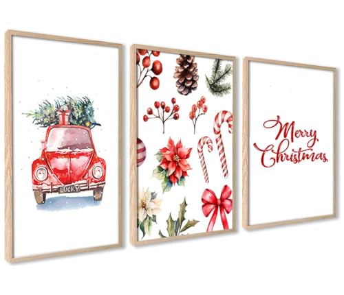 ag.art deco® Merry Christmas Poster Set | 3 Stück 40x50cm Bilder mit HOLZ Rahmen | Weihnachts Rot Auto Weihnachtsbaum Zuckerstangen | Bilder für Wohnzimmer Arbeitszimmer von ag.art deco