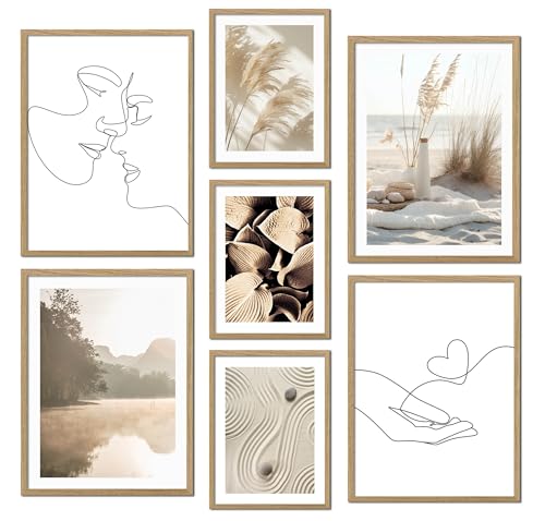 ag.art deco® Poster Set 7 Boho Wandbilder mit Holz Rahmen | Pampasgras, Strand, Abstrakt, Line Kunst | Mehrteilige Beige Wanddeko Wohnzimmer & Schlafzimmer von ag.art deco