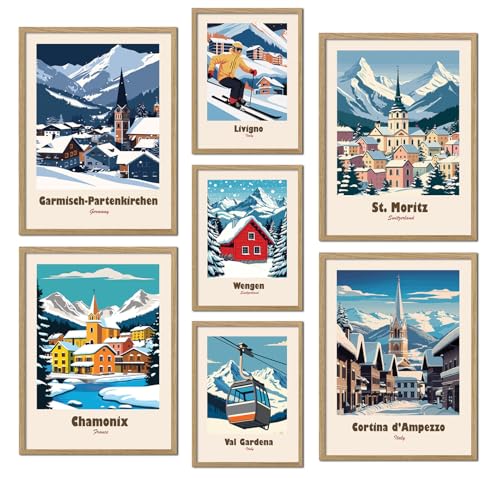 ag.art deco® Poster Set 7 Travel Berge mit Holz Rahmen | Winterresorts Garmish P. Livigno Chamonix St Moritz Cortina d'Ampezzo | Mehrteilige Wanddeko Wohnzimmer & Büro von ag.art deco