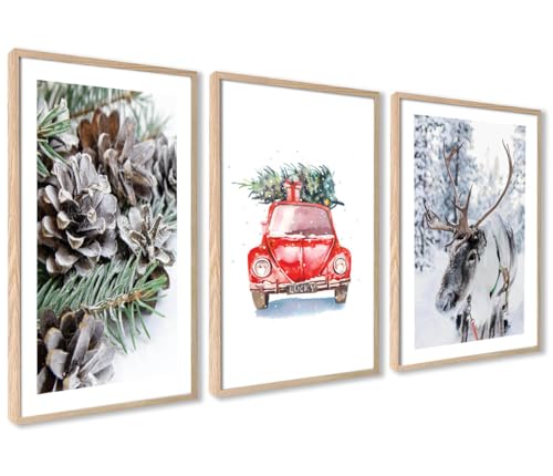 ag.art deco® Weihnacht Poster Set | 3 Stück 50x70 MIT RAHMEN holz | Weihnachtsbaum Schnee Rentier Rot Auto Ilustration | Wohnzimmer Schlafzimmer Winter Plakate von ag.art deco