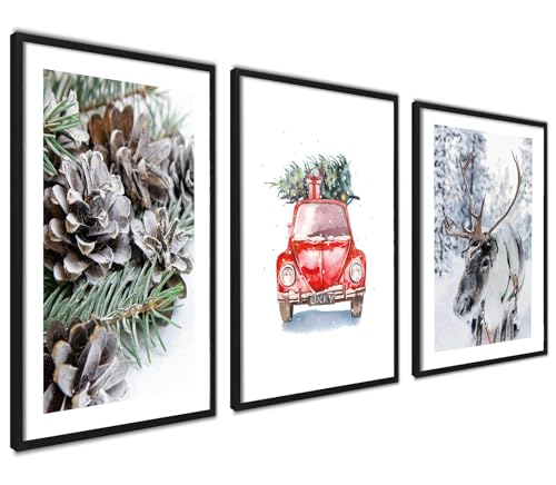 ag.art deco® Weihnacht Poster Set | 3 Stück DIN A4 21x30cm MIT RAHMEN schwarz | Weihnachtsbaum Schnee Rentier Rot Auto Ilustration | Wohnzimmer Winter Plakate von ag.art deco