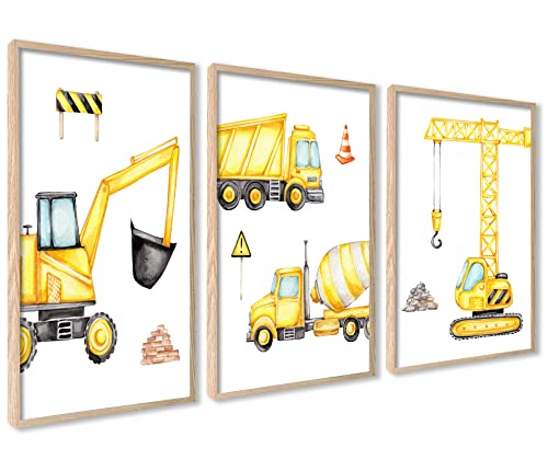 ag.art deco 3er Kinderzimmer Poster Set | 3 Stück 40x50cm | Gelb Kran Bagger Wagen Betonmischer Baustelle | Mädchen und Junge Bilderset | ohne Rahmen von ag.art deco