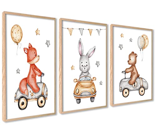ag.art deco 3er Set Poster Kinderzimmer | 3 Stück 50x70cm Mit RAHMEN HOLZ | Fuchs Bär Hase Babyzimmer Mädchen und Junge Bilderset Poster Wald Tiere von ag.art deco