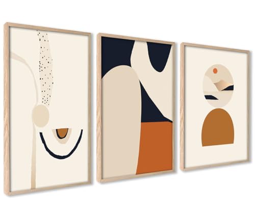 ag.art deco Abstrakt Poster 30x40 | 3x Bilder mit Holz Rahmen | A3 Poster Set für Wand Deko Wohnzimmer Schlafzimmer | Ästhetische Kunstdruck mit Geometrische Kunst in Beige von ag.art deco