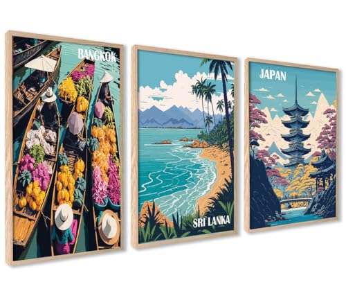 ag.art deco Asien Travel Poster Set | 3 x 40x50cm | Bangkok Sri Lanka Japan Vintage Illustration Wandbild für Badezimmer Wohnzimmer | ohne Rahmen von ag.art deco