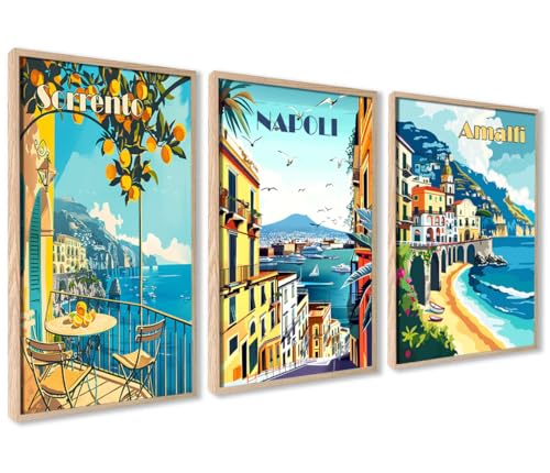 ag.art deco Italien Poster 21x30 | 3xA4 Bilder mit Holz Rahmen | Amalfi Naples Sorrento Zitronen Travel Poster Set Wohnzimmer Schlafzimmer | Mediterran Reisen Aesthetic von ag.art deco