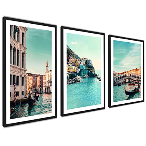 ag.art deco Italien Poster Set | 3 Moderne Wandbilder 3x A4(21x30cm) | Türkis Meer Venice Italien Küste Wandbilder | Italienische Modern Poster | ohne Bilderrahmen von ag.art deco