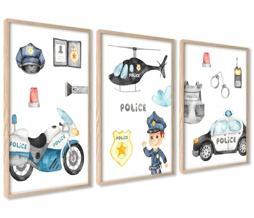 ag.art deco Kinder Poster Set Polizei | 3 Stück 40x50cm MIT RAHMEN HOLZ | Hubschrauber Polizeiauto Polizeimotorrad Polizist | Mädchen und Junge Bilderset von ag.art deco