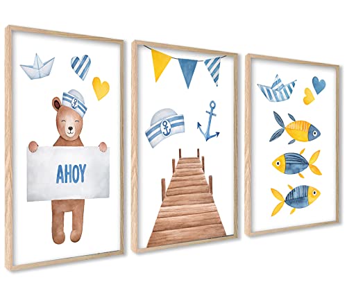 ag.art deco Kinderposter 3er Set | 3 Stück DIN A4 (21x30cm) | Nautische Poster für Kinder Teddybär Fisch Anker | Bilder Kinderzimmer Wanddeko | ohne Rahmen von ag.art deco