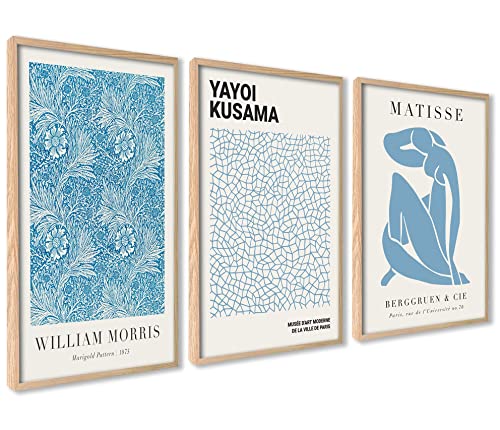 ag.art deco Modern Poster Set Blau | 3 Stück DIN A3 30x40cm mit Rahmen HOLZ | Kusama Matisse Morris Bilder Set Surrealismus Wanddeko Abstrakter Expressionismus von ag.art deco