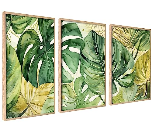 ag.art deco Modern Poster Set Grüne Monstera | 3 Stück DIN A3 30x40cm mit Rahmen HOLZ | Gemälde Bild Blätter Poster Aquarell Wanddekoration von ag.art deco