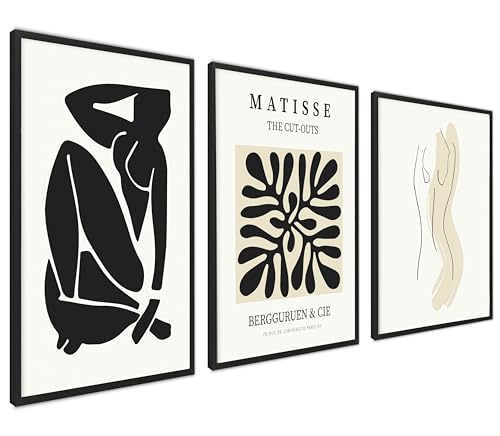 ag.art deco Moderne Poster Set | 3 Stück 30x40cm | Stilvolle beige und schwarze Matisse-Postercollagen mit passenden Bildern als Wanddekoration | ohne Rahmen von ag.art deco