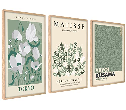 ag.art deco Moderne Poster Set | 3 Stück 40x50cm MIT RAHMEN HOLZ | Stilvolle Matisse Pastell Flower Market Kusama von ag.art deco