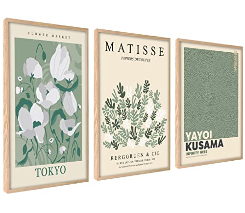 ag.art deco Moderne Poster Set | 3 Stück 50x70cm MIT RAHMEN HOLZ | Stilvolle Matisse Pastell Flower Market Kusama von ag.art deco