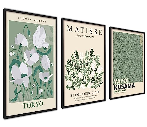 ag.art deco Moderne Poster Set | 3 Stück 50x70cm MIT RAHMEN schwarz | Stilvolle Matisse Pastell Flower Market Kusama von ag.art deco