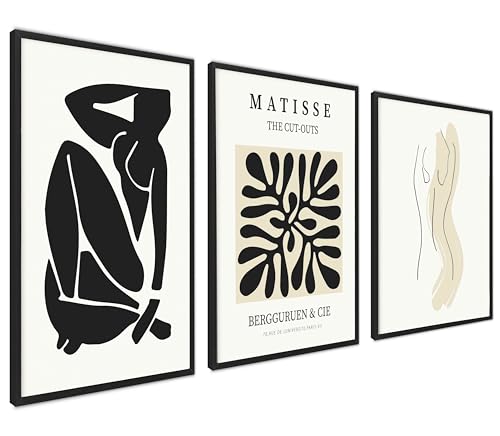 ag.art deco Moderne Poster Set | 3 Stück 50x70cm | Stilvolle beige und schwarze Matisse-Postercollagen mit passenden Bildern als Wanddekoration | ohne Rahmen von ag.art deco