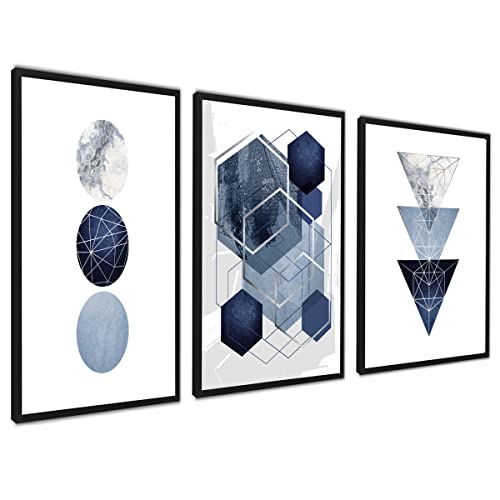 ag.art deco Moderne Poster Set | 3 Stück DIN A3 30x40cm MIT RAHMEN schwarz | Dreiecke und Kreise Triptychon Abstrakt | Blau-Silber Wand-Deko Wohnzimmer Schlafzimmer von ag.art deco