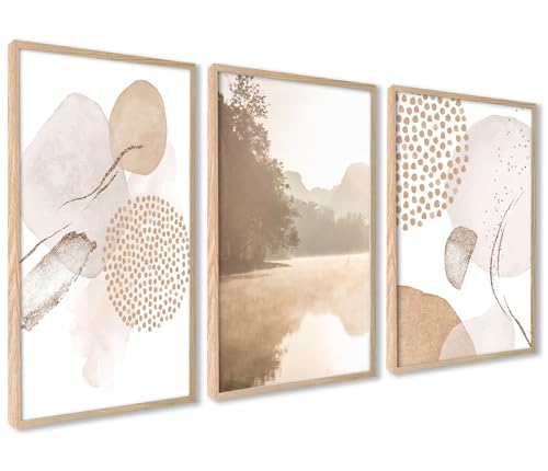 ag.art deco Poster 40x50 | 3x Bilder mit Holz Rahmen | Pastell Poster Set für Wand Deko Wohnzimmer oder Schlafzimmer | Kunstdruck mit Abstrakte Formen und Landschaft von ag.art deco