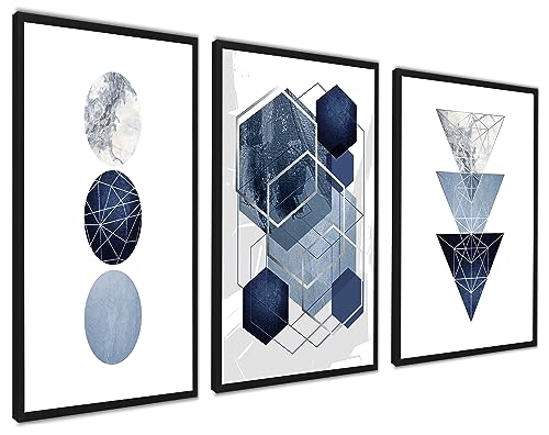 ag.art deco Poster Set Collage | Dekoration Wohnung modern | Blau-Silber | 3 Stück 60x80cm | Dreiecke und Kreise Triptychon Abstrakt | ohne Bilderrahmen von ag.art deco