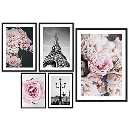 ag.art deco Premium Rose Love Poster Set | 5 Moderne Wandbilder | Rosa Bilder Wohnzimmer | Deko Schlafzimmer Blumen Bilderwand Paris Eiffelturm | Schwarz weiß, Rosa | ohne Rahmen von ag.art deco