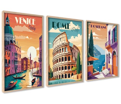 ag.art deco Reise Poster Set | 3 x 50x70cm | Italien Sommer Illustration Rome Venice Positano Mediterran Wandkunst für Badezimmer Wohnzimmer | ohne Rahmen von ag.art deco