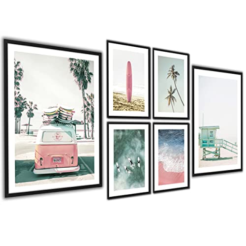 Sommer Poster Set | Wanddeko Wohnzimmer & Schlafzimmer | 6 moderne Wandbilder | Bilder Strand, Meer, Palmen, Surf, Beach, Ocean | 2x 40x50 + 4x A4 | ohne Bilderrahmen von ag.art deco