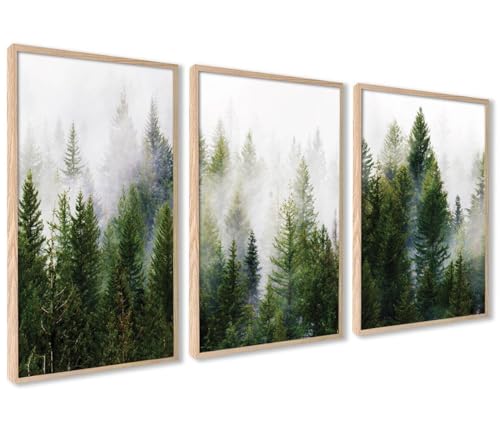 ag.art deco Wald im Nebel Bild Kunstdruck | 3 Stück 30x40cm mit RAHMEN holz | Wohnzimmer Schlafzimmer Küche Esszimmer und Badezimmer Poster Set von ag.art deco