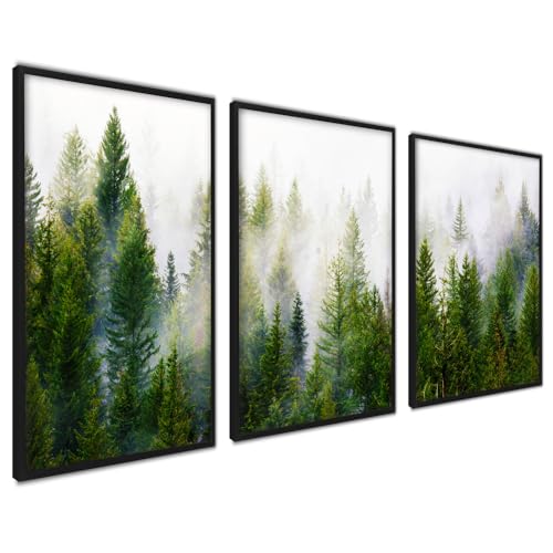 ag.art deco Wald im Nebel Bild Kunstdruck | 3 Stück 50x70cm mit RAHMEN schwarz | Wohnzimmer Schlafzimmer Küche Esszimmer und Badezimmer Poster Set von ag.art deco